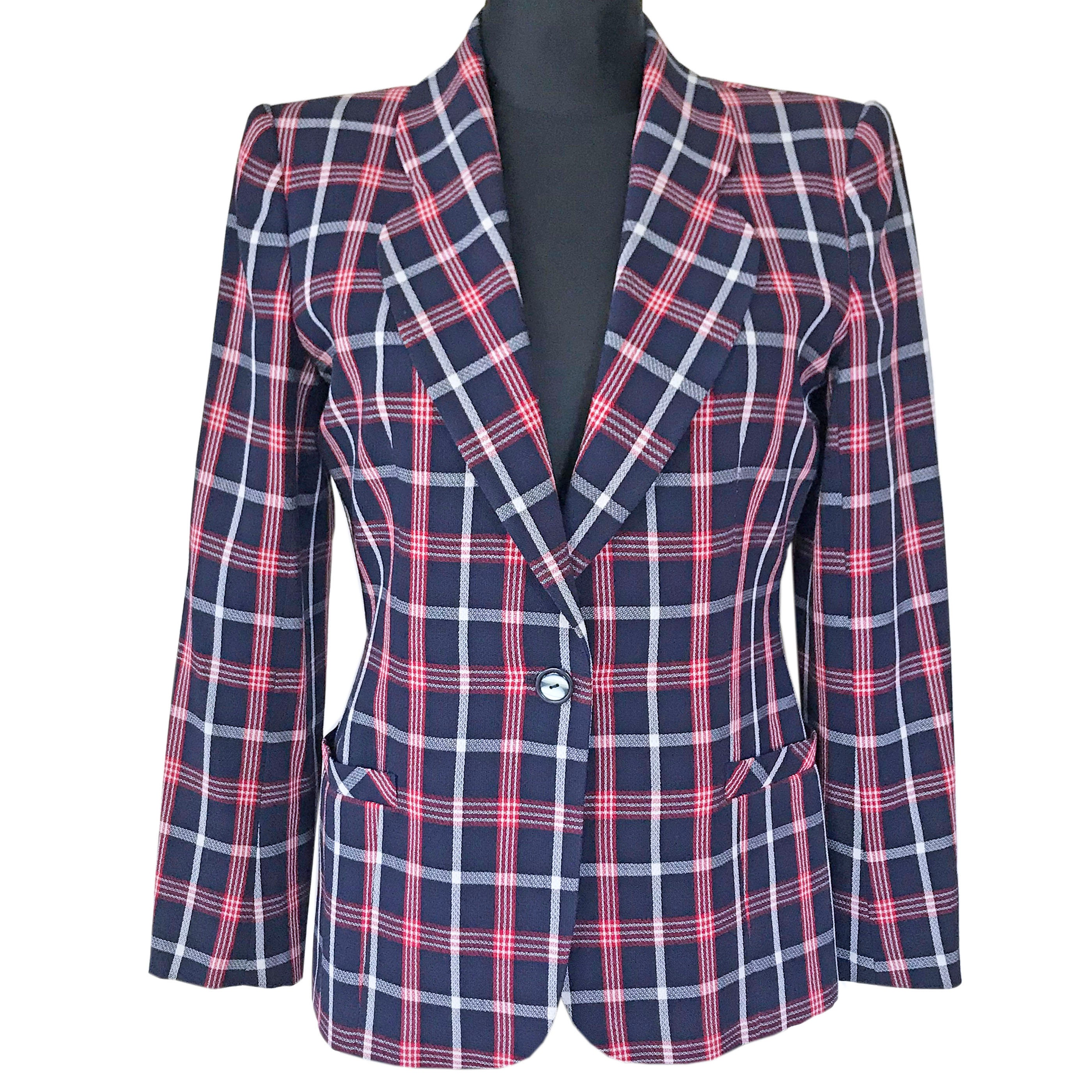 Blazer de grife M/L EMANUEL UNGARO dos anos 1980, xadrez, azul-vermelho-branco