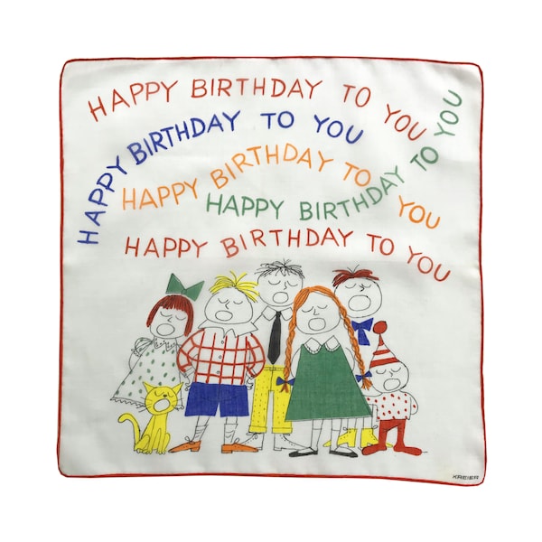 Big hankie mint cond 13,5"sq Happy Birthday VINTAGE 1980s Made in Switzerland by KREIER