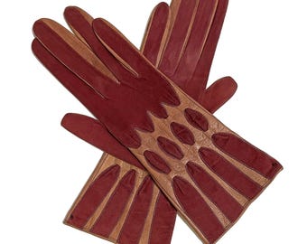 Guantes de piel de los años 40 Talla 6/XXS piel burdeos pálido combinada con ante
