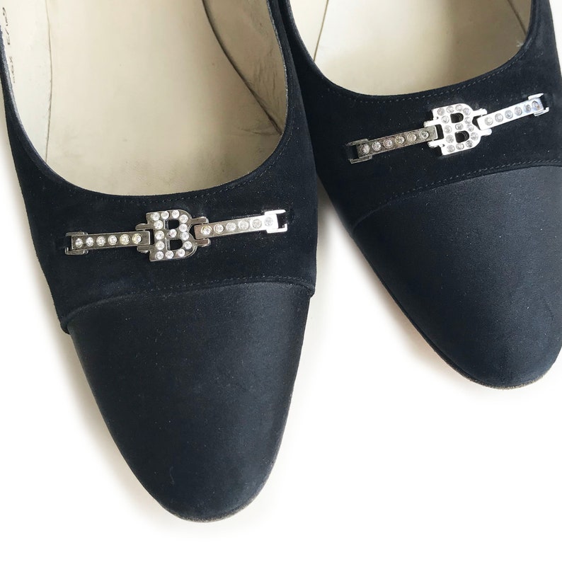 Pumps black suede satin rhinestones BALLY vintage 1990s EU size 38.5 image 4