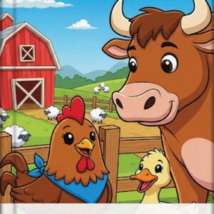 Puede incluir: Portada de libro infantil con una escena de granja de dibujos animados. Una vaca marrón, una gallina con una bufanda azul y un pato amarillo están en primer plano. Un granero rojo, ovejas y un sol amarillo están en el fondo. El título del libro es "Harriet la gallina servicial."