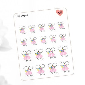 May include: A sticker sheet featuring sixteen identical illustrations of a character with large ears, wearing a pink jacket and colourful glasses. The text Lily Lovegood is printed in the top left corner, and a pink heart with PWJ is in the top right.