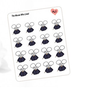 May include: A sticker sheet featuring sixteen identical cartoon mouse illustrations, each wearing a dark blue robe, a yellow tie, and round glasses. The text The Mouse Who Lived is printed in the top left corner, and a pink heart with PWJ is in the top right.