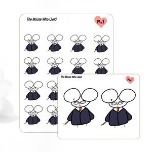 May include: Two sticker sheets featuring cartoon mouse characters with large ears, wearing dark robes, glasses, and striped ties. Each mouse holds a small wand. The text "The Mouse Who Lived" is printed at the top, accompanied by a pink heart logo with "PWJ".