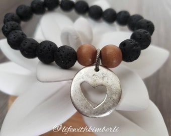 Essential Oils Bracelet| Lava Beads| Silver Heart Charm |Diffuser Bracelet|Love| Calming