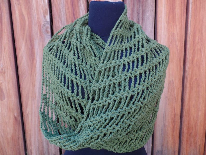 Olive Green Crochet Cotton Infinity Scarf image 3