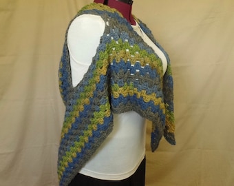 Blue Green Grey Crochet Openwork Shawl Vest