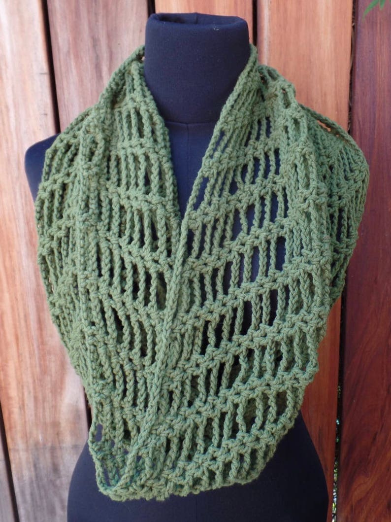 Olive Green Crochet Cotton Infinity Scarf image 1