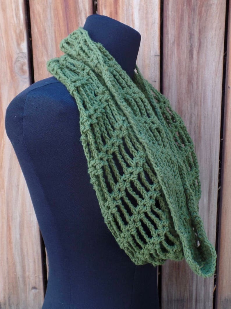 Olive Green Crochet Cotton Infinity Scarf image 2