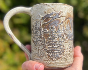 Bear in the Mountains Mug, Nature Mug, Bear, Elk and Wolf nature scene under the stars pottery mug. Try to find them all!