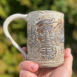 Bear in the Mountains Mug, Nature Mug, Bear, Elk and Wolf nature scene under the stars pottery mug. Try to find them all!