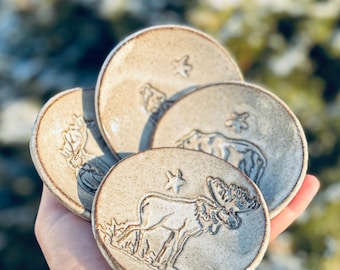 Rustic Pottery Dish - Collectible Wilderness Animal Design.  Elk, Bear, Wolf and Moose little dishes.