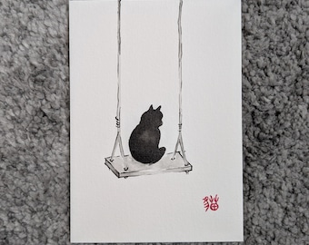 Original handpainted Cat Card, sumi-e painting, Japanese/Chinese style, on Watercolour card