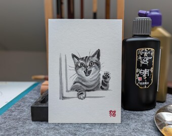 Cat says "Hi" to you! Original handpainted Cat Postcard, Japanese/Chinese sumi-e painting, on thick cotton cardstock
