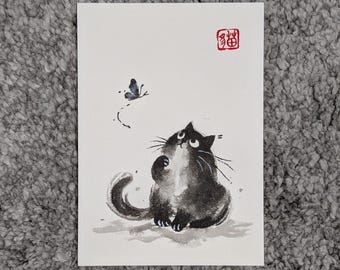 Original handpainted Cat Postcard, sumi-e painting, Japanese/Chinese style, on thick cotton cardstock