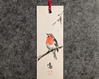 Original handpainted Robin bookmark, Japanese/Chinese sumi-e painting, on thick cotton cardstock