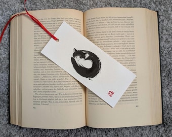 Original handpainted Cat bookmark, Zen Cat, Japanese/Chinese sumi-e painting, on thick cotton cardstock