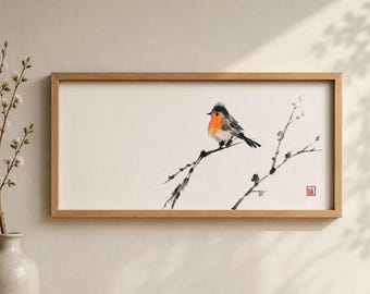 Original handpainted Robin, Chinese/Japanese Sumi-e painting, minimalism bird, 16*33cm, framed or unframed