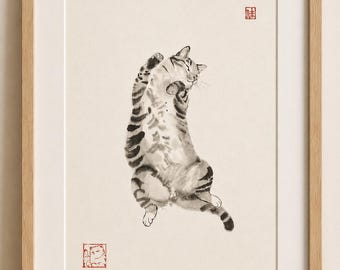 Belly Up Sleeping Cat - Chat original peint à la main à l'encre de chine | Art animalier minimaliste Sumi-E | Cadeau pour amoureux des chats | A4, A5, sans cadre