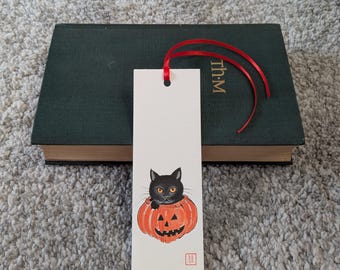 Handpainted bookmark | Black Cat in Pumpkin  | on thick cardstock| 5×15 cm
