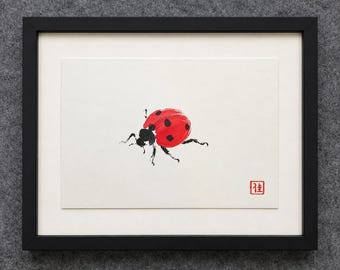 Cartolina originale dipinta a mano, coccinella, tecnica Sumi-e giapponese/cinese (10,5x14,8 cm), con o senza cornice.