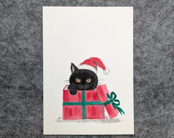 Christmas Series | Hand-Painted Cat Christmas Card | Original Ink Painting | with or without Calligraphy