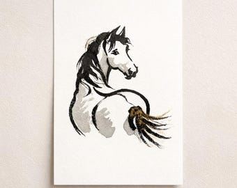 Hand-painted Horse Postcard/gift card, Chinese/Japanese Ink Wash Painting, Year of the Horse