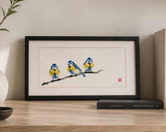 Original handpainted Eurasian Blue Tit, Chinese/Japanese Sumi-e painting, minimalism bird, 16*33cm, framed or unframed