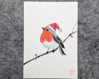 Christmas Series | Hand-Painted Christmas Card | European Robin | Original Sumi-e Painting | A6