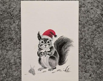 Christmas Series | Hand-Painted Squirrel Christmas Card | Original Ink Painting | with or without Calligraphy | English German Chinese