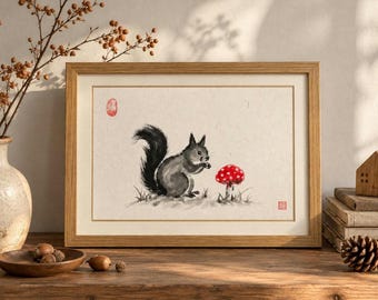 Original Sumi-e Squirrel Painting with Fly Agaric Mushroom | Japanese/Chinese Ink Art | Handpainted Woodland Wall Art on Xuan Paper | A4