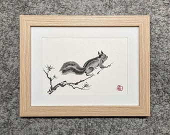 Original Hand-painted squirrel, Japanese/Chinese Sumi-e Painting (framed)