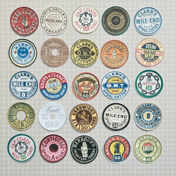 Vintage spool label stickers. Paper stickers, thread spool antique round labels. Set with handmade stickers.