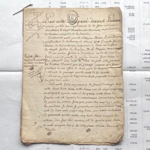 Puede incluir: Documento manuscrito antiguo con tinta descolorida y escritura detallada. El papel tiene un aspecto desgastado y envejecido, con arrugas y manchas visibles. El documento presenta un sello y parece ser un registro legal o histórico. El texto está en francés.