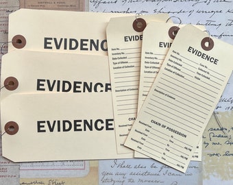 Set of 6 Evidence- Police journaling tags. Ephemera junk journal vintage style.