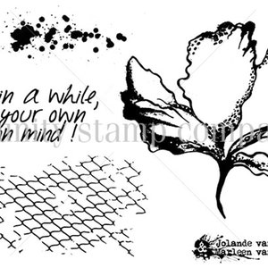 May include: Black and white illustration of a flower with the text "Once in a while, blow your own damn mind!" and a black and white pattern of a mesh.