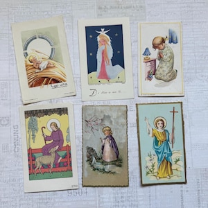 Cards with religious children’s  illustrations. Set of 6. Holy Cards, Bible markers, religion ephemera, prayer cards, journaling.