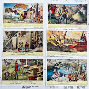 Vintage-Sammelkarten. Set mit 6 alten Karten der Firma Liebig, Werbe-Sammelkarten. Serie 535 Leonardo da Vinci