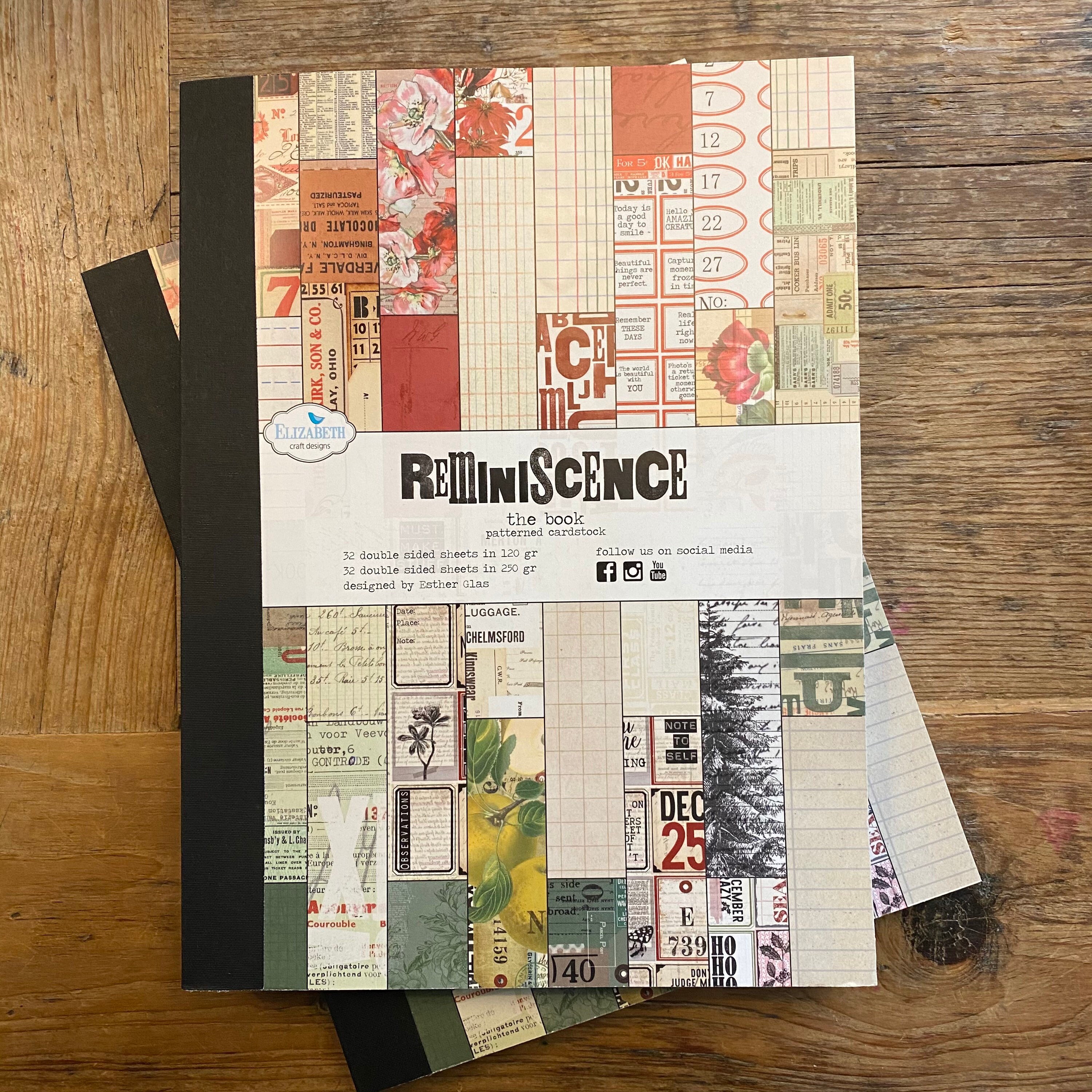 Reminiscence the book. Patterned cardstock by Esther Glas for Etsy