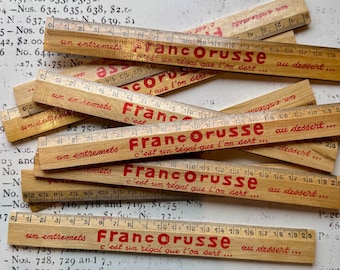 Vintage French wooden Ruler with red typography, FrancOrusse Desserts.