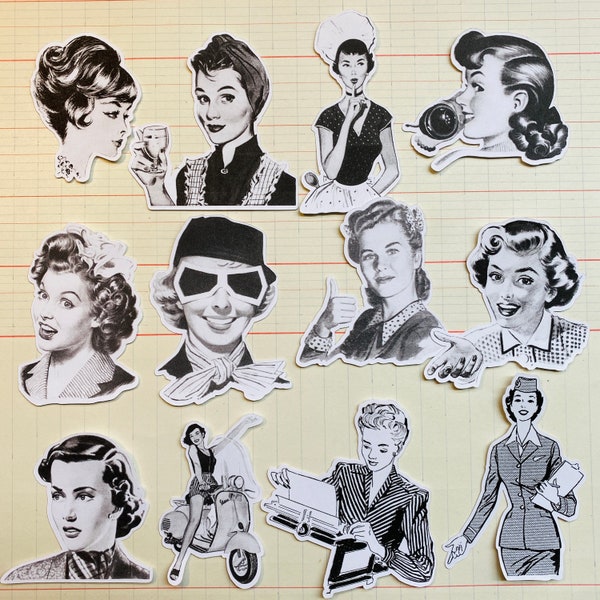 Vintage inspired stickers. Retro headshot illustrations black & white