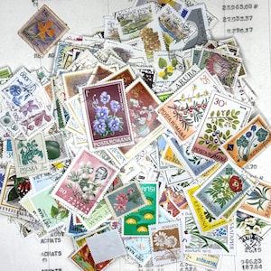 Lote con 100 sellos postales FLOWER usados, ideales para diarios artísticos y otras manualidades. NATURALEZA