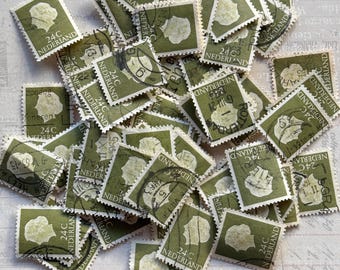 1953–1967 Vintage 24-Cent-Briefmarken, Silhouette von Königin Juliana, olivgrüne gebrauchte Briefmarken für Collagen, Kunstprojekte, Tagebücher usw.