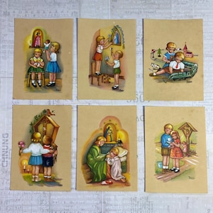 Cards with religious children’s  illustrations. Set of 6. Holy Cards, Bible markers, religion ephemera, prayer cards, journaling.