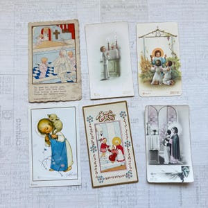 Cards with religious children’s  illustrations. Set of 6. Holy Cards, Bible markers, religion ephemera, prayer cards, journaling.