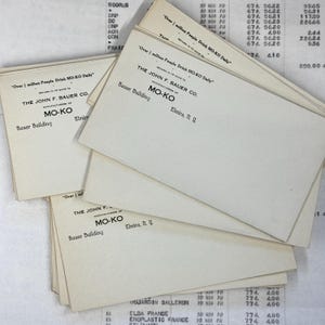 May include: A stack of off-white paper cards with the text "Over 1 million People Drink MO-KO Daily" and "THE JOHN F. BAUER CO. MO-KO" printed in black. The cards are stacked on top of a ledger sheet.