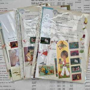 Lindo conjunto de restos/páginas de libro con ilustraciones infantiles. Lote vintage con más de 35 artículos para niños, niñas, collage, álbum de recortes y objetos efímeros.