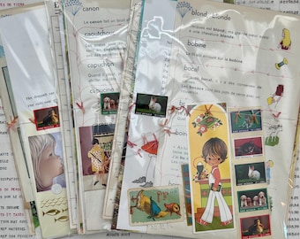 Uroczy zestaw skrawków/stron książkowych z ilustracjami dla dzieci. Zestaw vintage, ponad 35 przedmiotów dla chłopców, dziewcząt, kolaży, albumów, pamiątek.