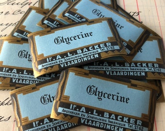 Vintage Pharmacy Glycerin Labels - rare gummed labels Apothecary - Vintage - blue gold medicin labels