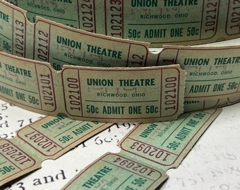 Union Theater vintage tickets - Richwood Ohio, green Tickets with red text, Vintage PaperEphemera, Old Tickets, Junk Journal, collect, rare.